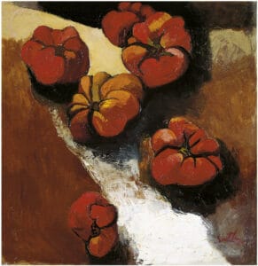 Image description: Painting by Renato Guttuso, Sicilian painter. Five red, furrowed tomatoes appear on a brown and white background, perhaps a wooden table.