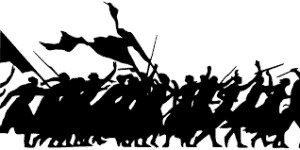 a black and white graphic with people marching holding a flag